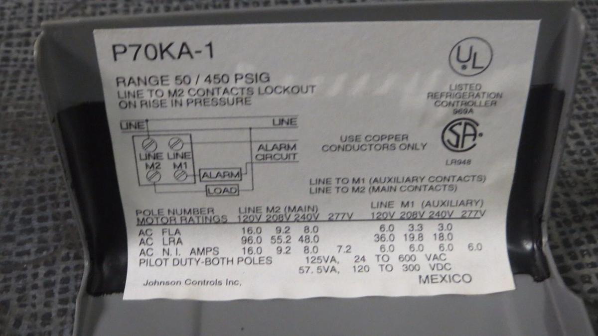 JOHNSON CONTROLS PENN PRESSURE SWITCH P70KA-1 277 VOLT 16 AMP 125 VA *WARRANTY*
