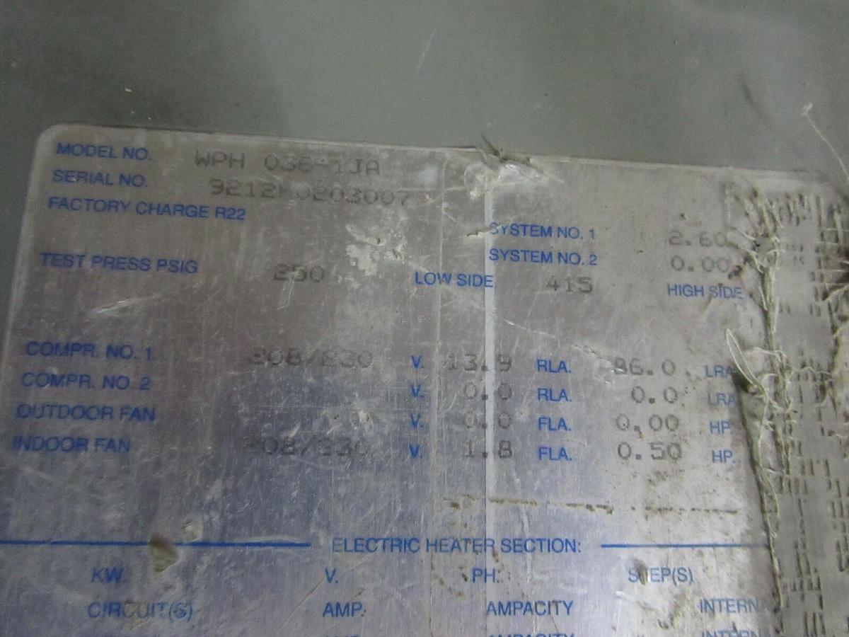 Used 3 TON MARS INDOOR TEMPORARY WATER-TO-AIR PACKAGED HEAT PUMP 1060 CFM WPH 036-1JA