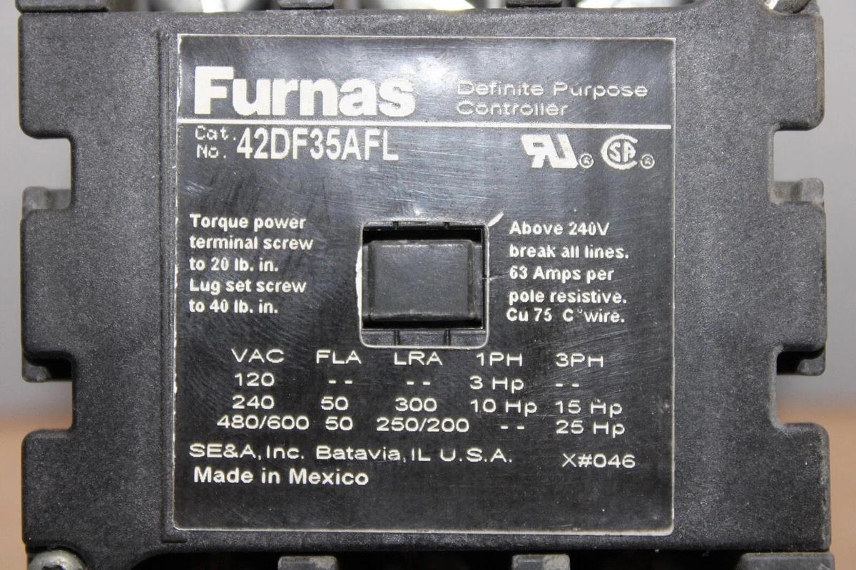 Used FURNAS DEFINITE PRUPOSE CONTACTOR 42DF35AFL 50 AMP 600 VAC 25 HP 3-PHASE