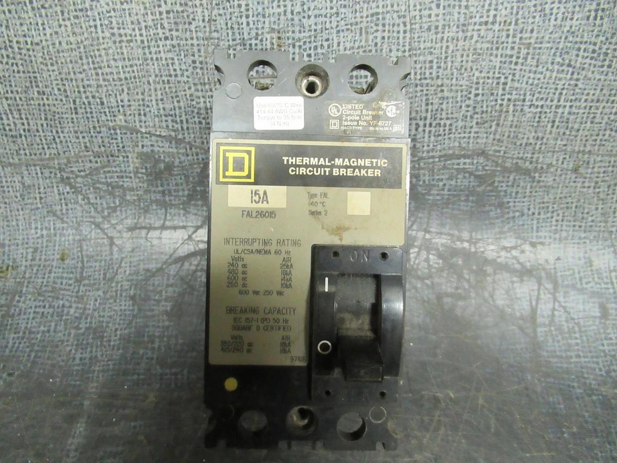 Used SQUARE D BREAKER 15 AMP 600 VAC 2 POLE MODEL FAL26015 SER 2 W/ LUGS **WARRANTY**