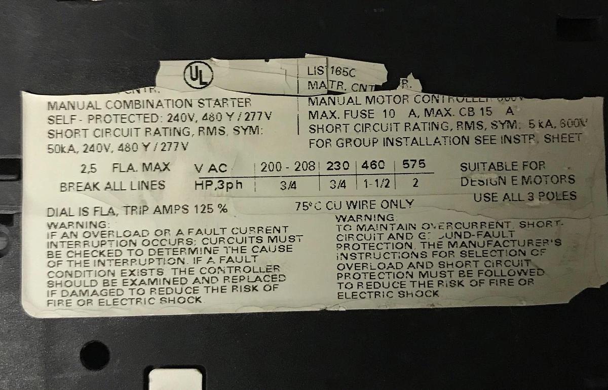 Used SIEMENS MANUAL MOTOR START 3RV1021-1CA10 600V 2.5A 2HP **WARRANTY INCLUDED**