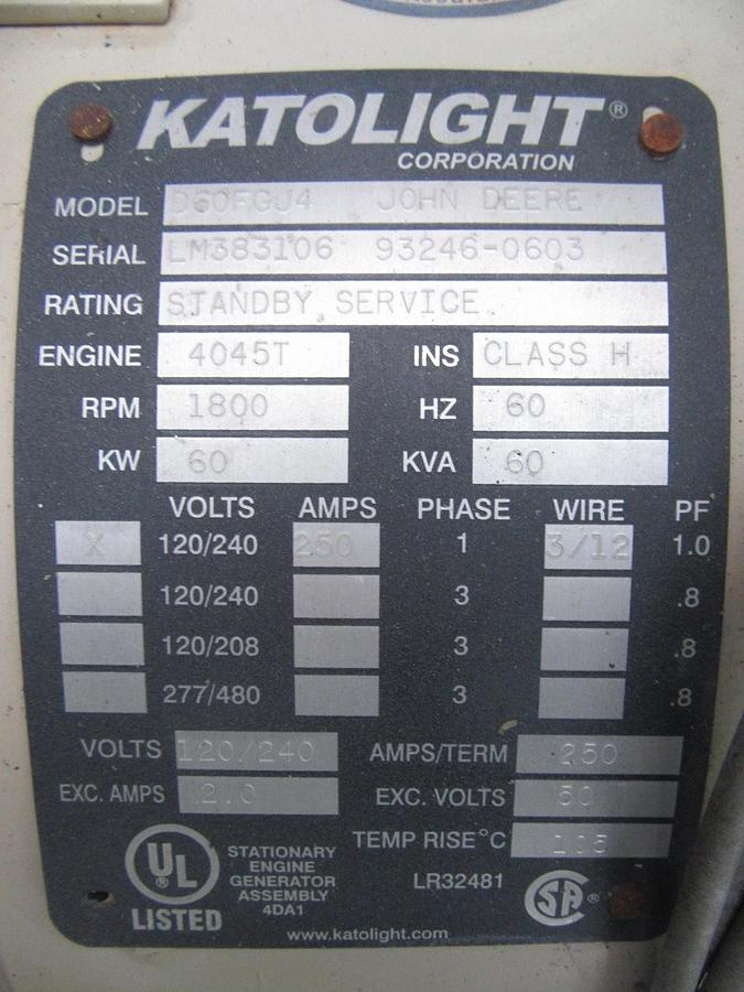 Used 60 KW DIESEL GENERATOR KATOLIGHT 120/240V RE-CONNECTABLE SOUND ENCLOSED 788 HRS