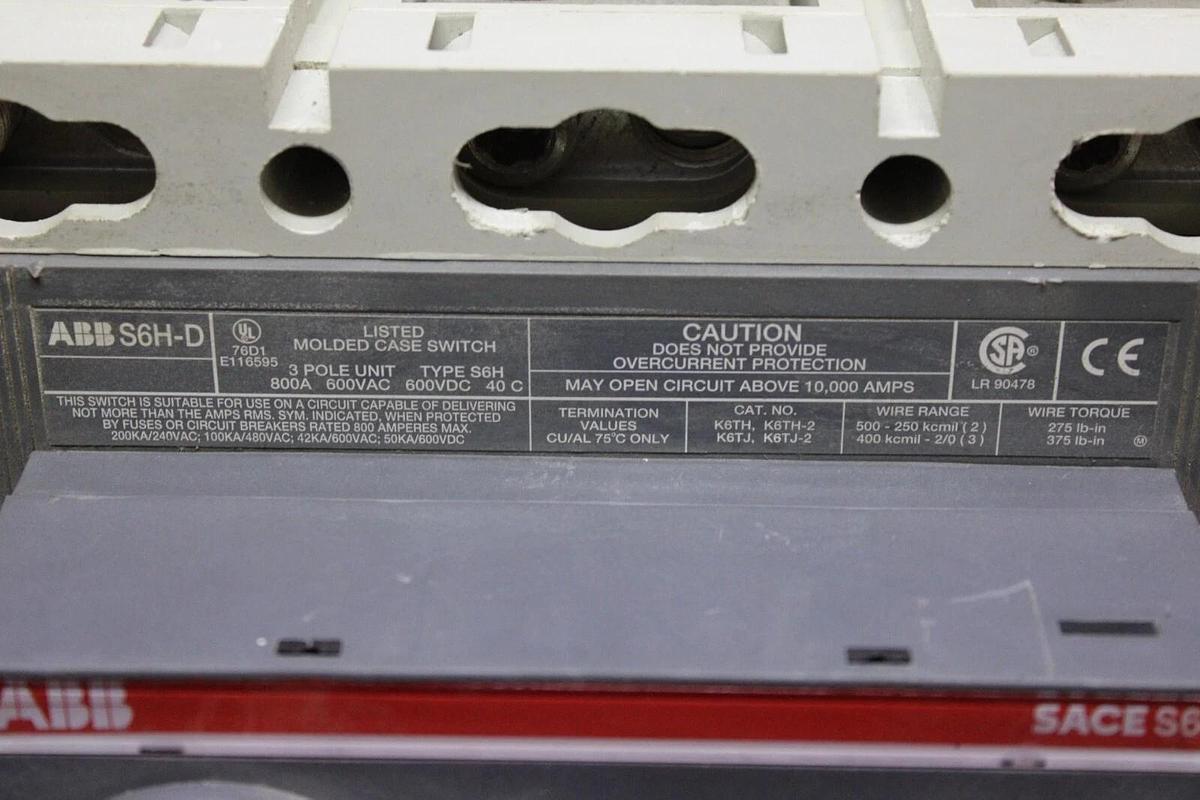 Used ABB MOLDED CASE SWITCH SACE S6H-D 800 AMP 600 VOLT 3-POLE W/ OPERATOR