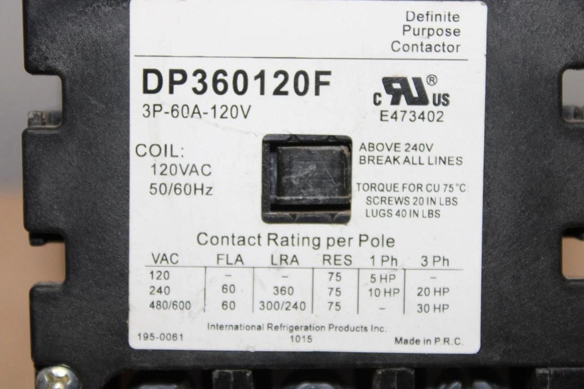Used INTERNATIONAL REFRIGERATION PRODUCTS CONTACTOR DP360120F 60 AMP 600V 3-PHASE