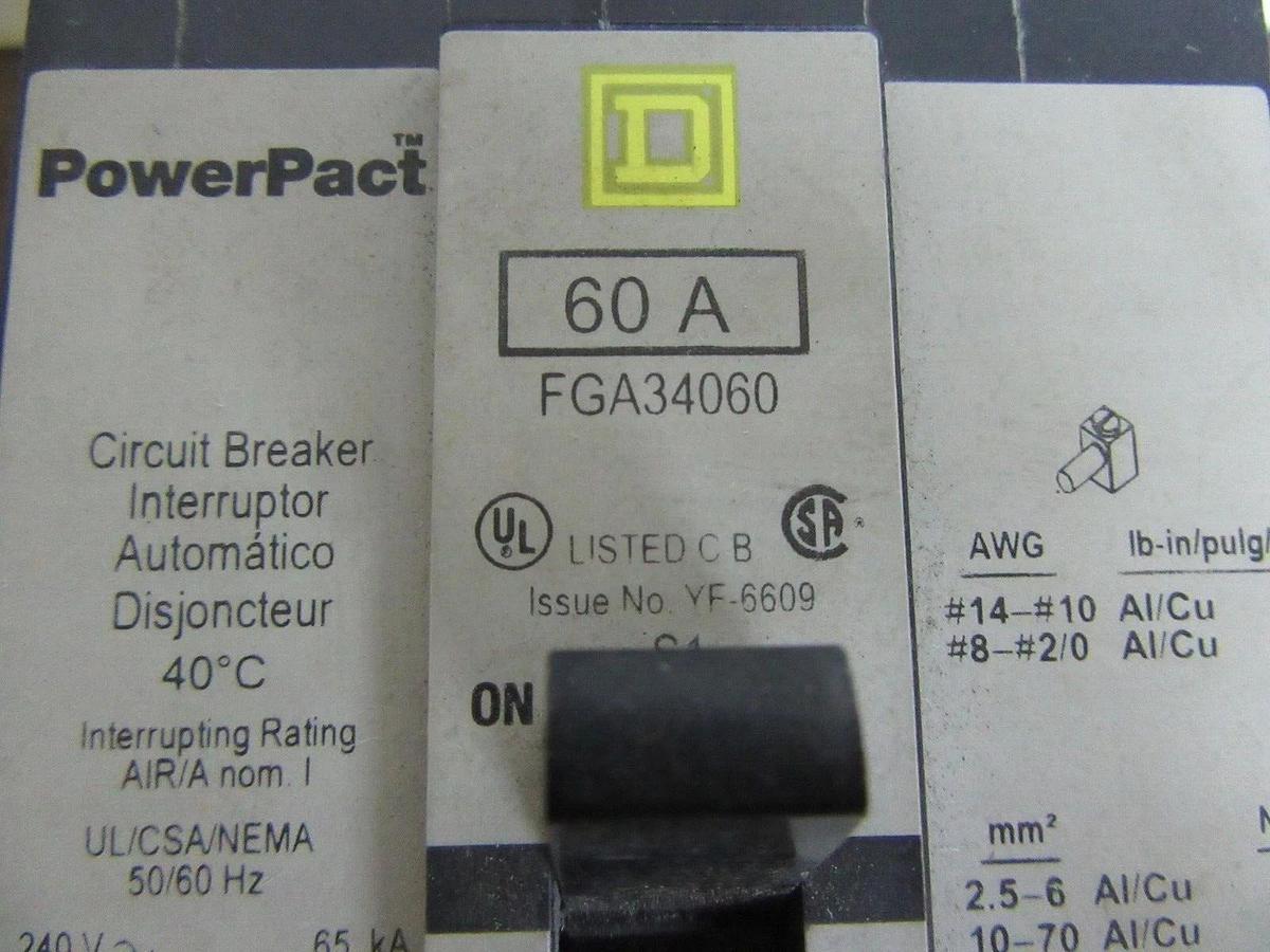 Used SQUARE D I-LINE POWERPACT BREAKER FGA34060 60 AMP 480/277 VAC 3-POLE *WARRANTY*