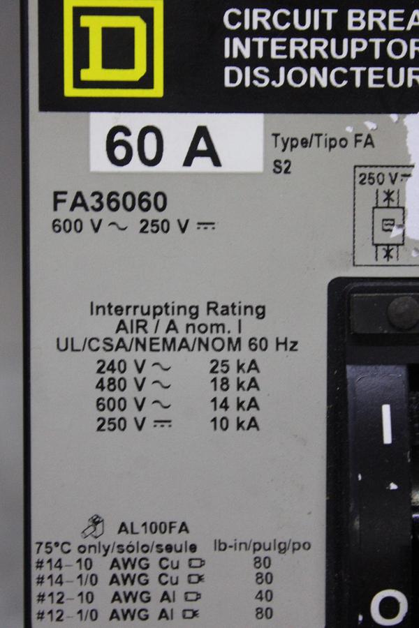 Used SQUARE D I-LINE POWERPACT CIRCUIT BREAKER HDA36060 60 AMP 600 VOLT 3-POLE