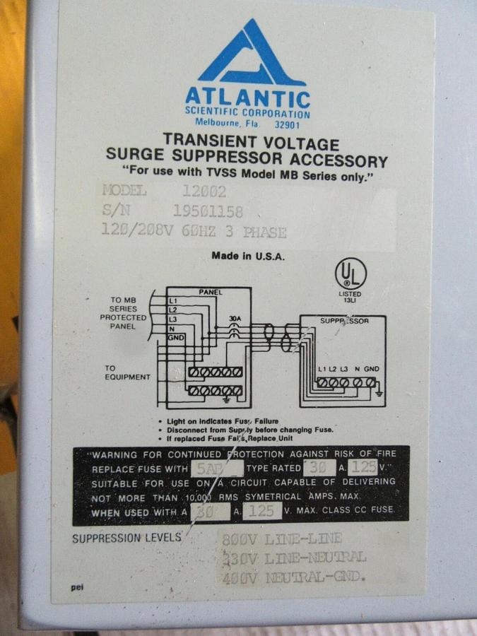 Used ATLANTIC TRANSIENT VOLTAGE SURGE SUPRESSOR 12002 208V 60 HZ 3-PHASE *WARRANTY*