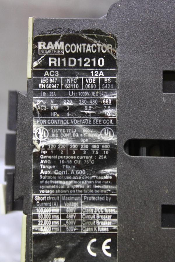 Used RAM INDUSTRIES CONTACTOR RI1D120 25 AMP 600 VAC 3-POLE COIL: 120V