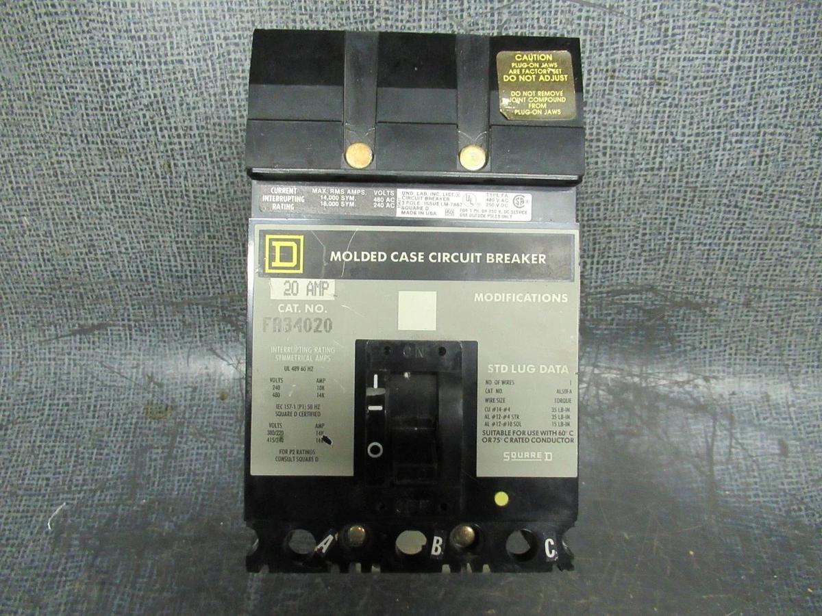Used SQUARE D I LINE BREAKER FA34020 480VAC 20A 3 POLE **WARRANTY INCLUDED**