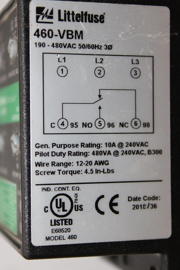 Used LITTELFUSE 3-PHASE VOLTAGE MONITOR MOTOR SAVER RELAY 460-VBM 480 VAC 10 AMP