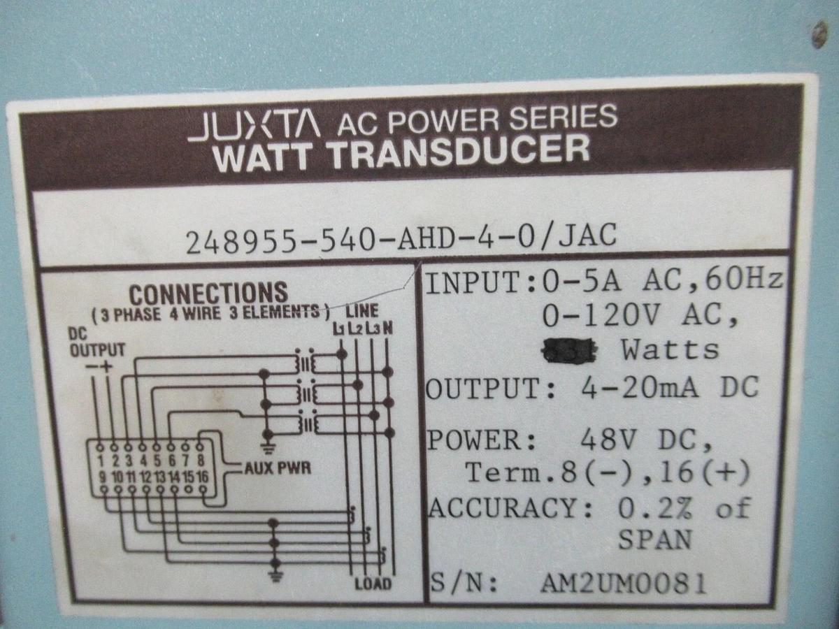 Used YOKOGAWA JUXTA WATT TRANSDUCER 248955-540-AHD-4-0/JAC 120V 5A 3-PHASE 4-WIRE