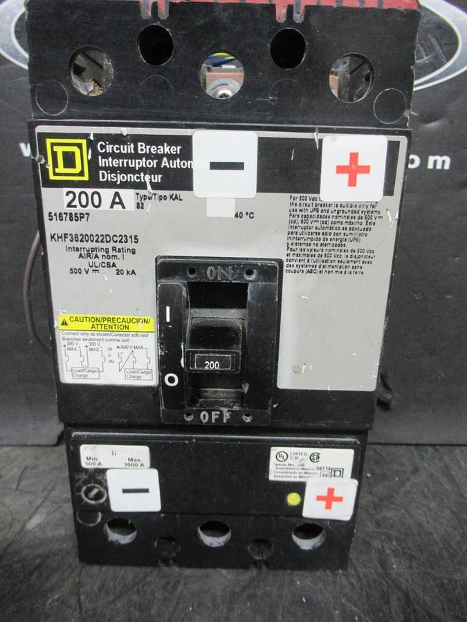 Used SQUARE D BREAKER KHF3620022DC2315 200 AMP 500 VDC W/ UNDERVOLTAGE TRIP AND AUX