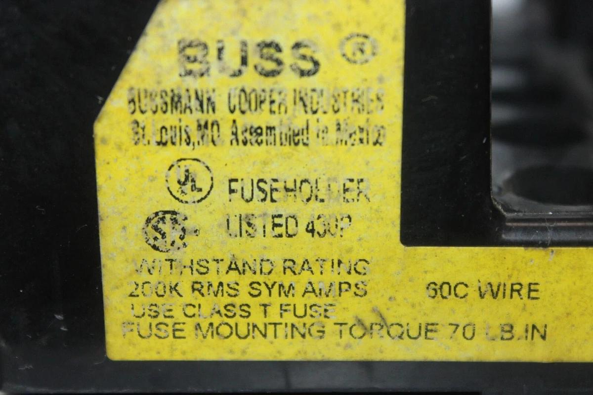 Used BUSS FUSE HOLDER T60100-3C 600 VOLT 100 AMP 3-POLE FOR CLASS T FUSES *WARRANTY*