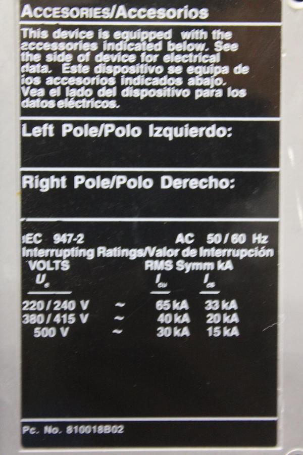 Used SQUARE D I-LINE CIRCUIT BREAKER FA36100 100 AMP 600 VOLT 3-POLE