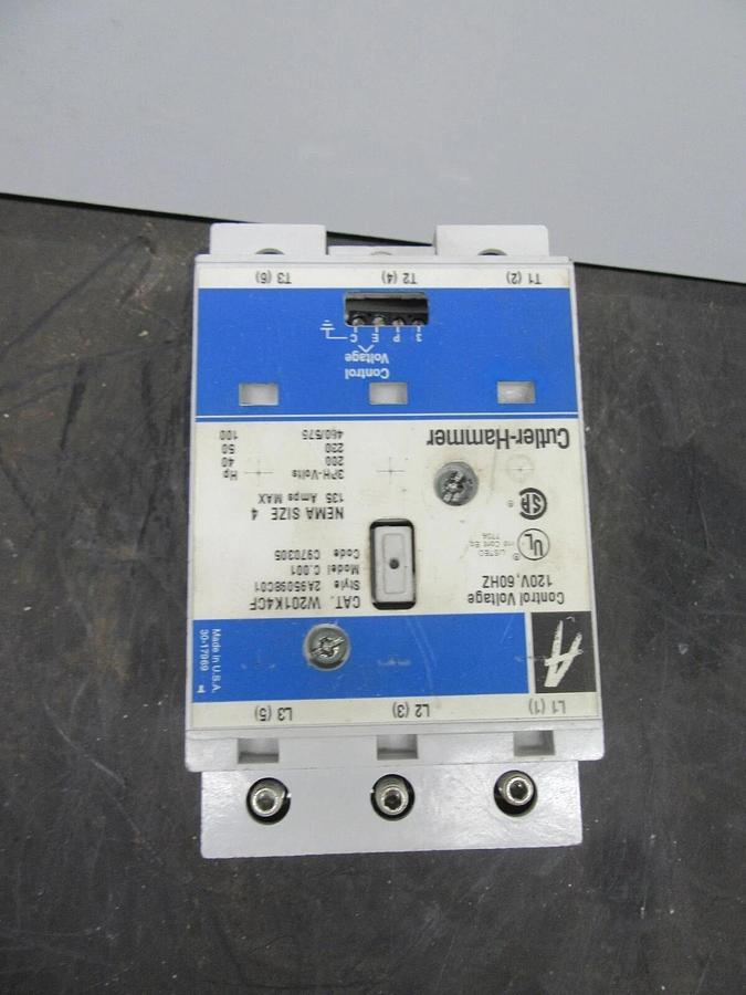 Used CUTLER HAMMER NEMA SIZE 4 CONTACTOR W201K4CF 135 AMP 600 VAC 100 HP 3-PHASE