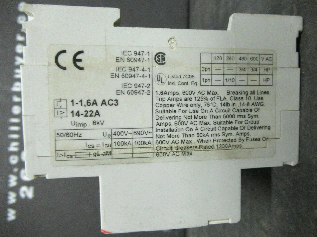 Used ABB MANUAL MOTOR START MS325 1-1.6 AMP 600 VAC W/ AUXILIARY CONTACTS