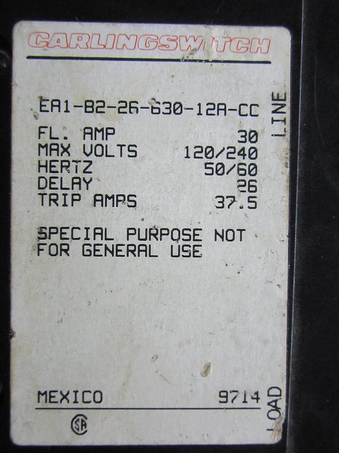 Used CARLING SWITCH EA1-B2-26-630-12A-CC 30 AMP 120/240 VAC 37.5 TRIP AMP 1-POLE