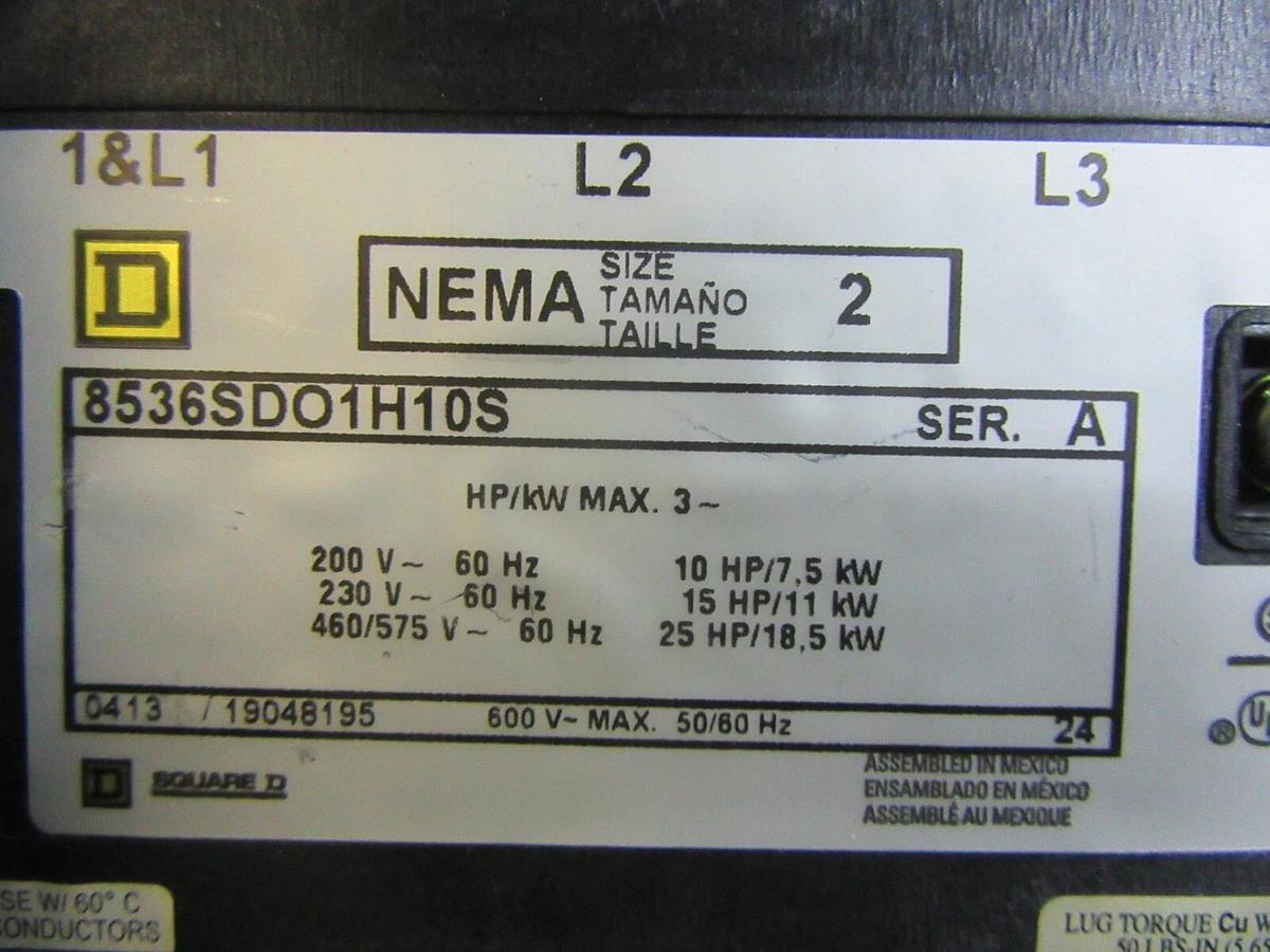 Used SQUARE D COMBINATION STARTER 8538SDG14 W/ 8536SDO1H10S 60 AMP 600 VAC SIZE 2