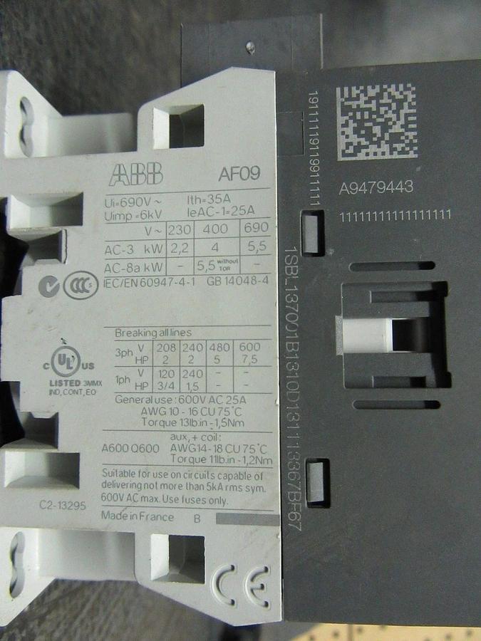 Used ABB CONTACTOR AF09 600V 7.5HP 3 POLE **WARRANTY INCLUDED**