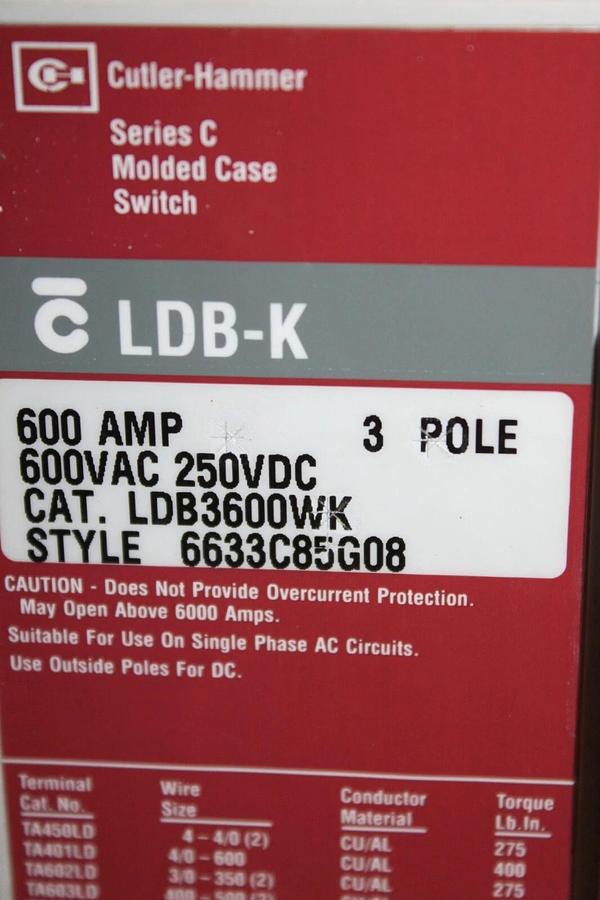 Used CUTLER HAMMER MOLDED CASE SWITCH LDB3600WK 600 AMP 3-POLE 600 VAC LDB-K