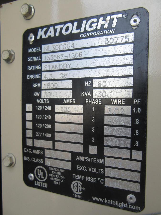 Used 30 KW NATURAL GAS PROPANE GENERATOR KATOLIGHT 120/240V RE-CONNECTABLE 667 HRS VIDEO WE SHIP