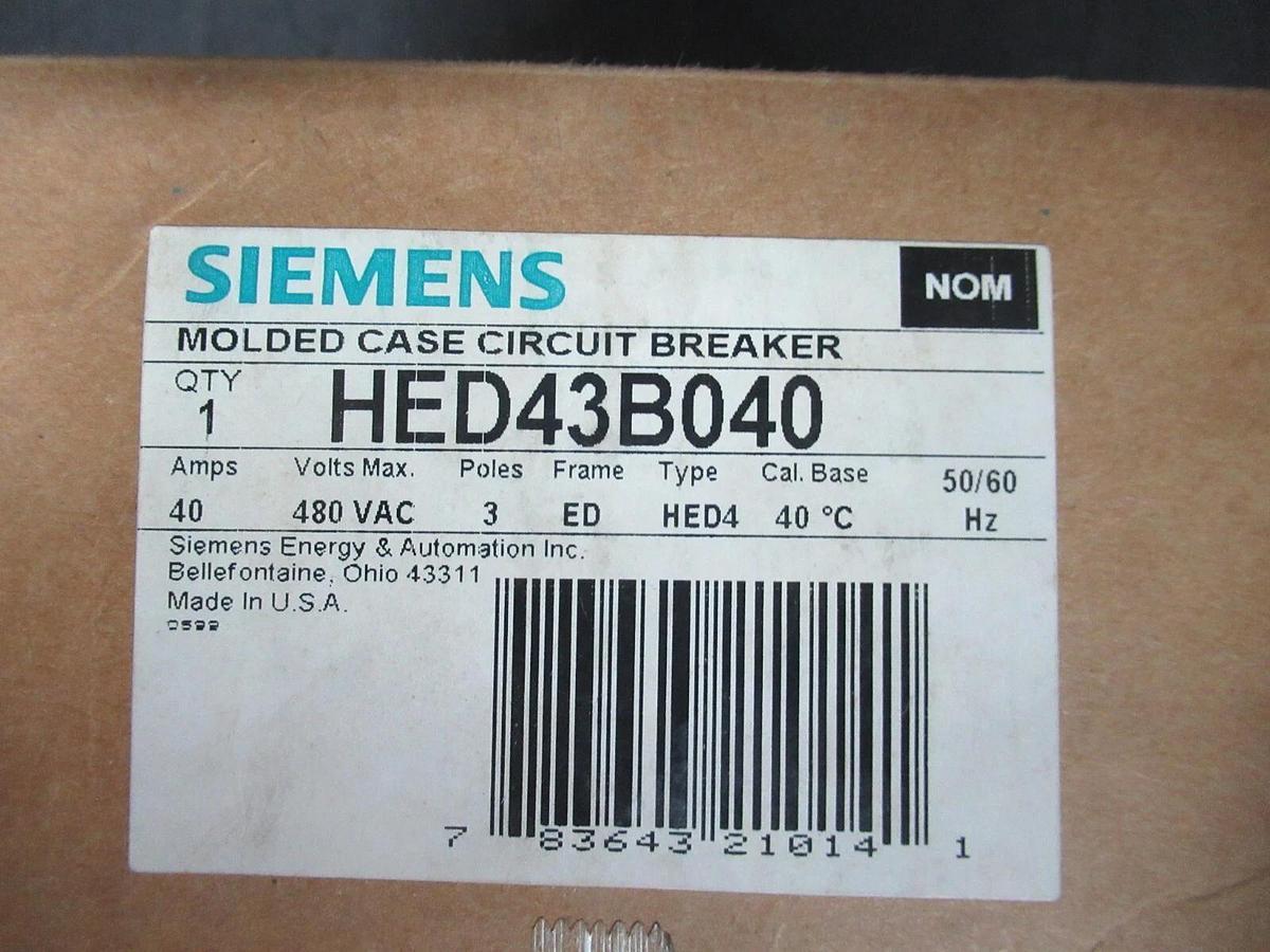 SIEMENS CIRCUIT BREAKER HED43B040 40 AMP 480 VAC 3-POLE **NEW IN BOX**