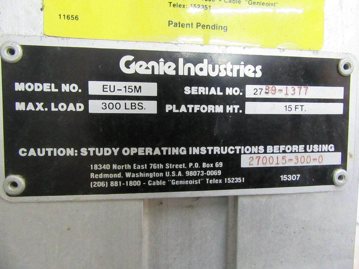 Used 300 LB CAPACITY GENIE EASY-UP 15 FT HT MANUAL PUSH ARIAL WORK PLATFORM EU-15M