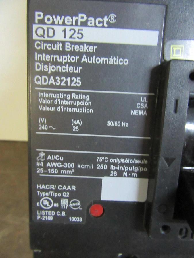SQUARE D I-LINE BREAKER QDA32125 3-POLE 125 AMP 240 VAC W/ LUGS **WARRANTY**