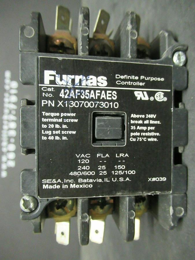 Used FURNAS CONTACTOR 42BF35AFAES 600 VAC 25 AMP 35 AMP/RES 120 VOLT COIL