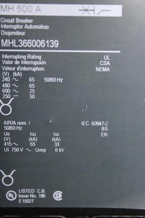 Used SQUARE D CIRCUIT BREAKER MHL366006139 3-POLE 600 VAC 600 AMP *WARRANTY*