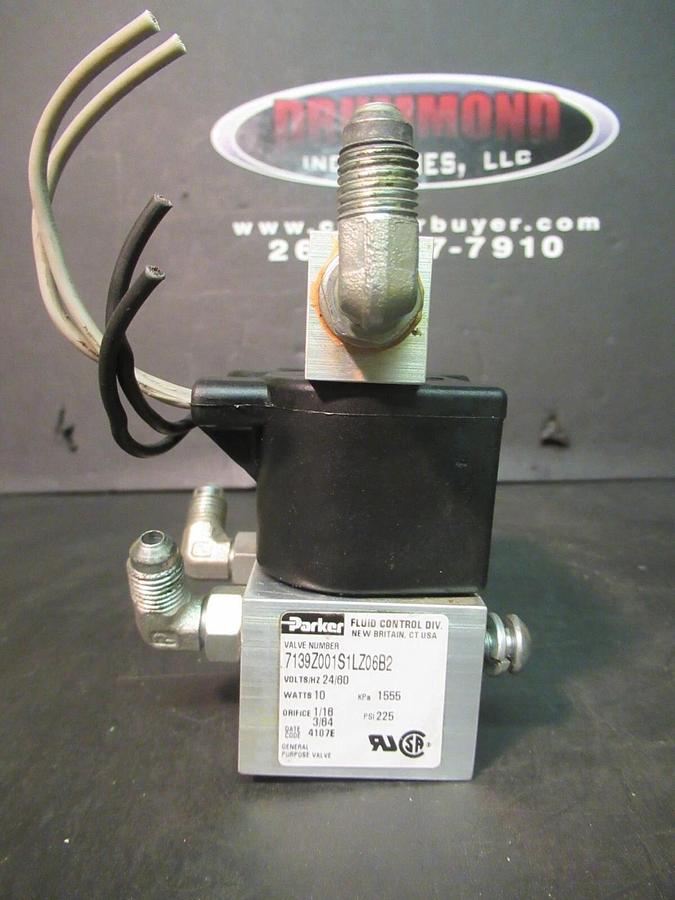 Used PARKER FLUID CONTROL VALVE 7139Z001S1LZ06B2 24 VOLT 10 WATT 1555 KPA 225 PSI