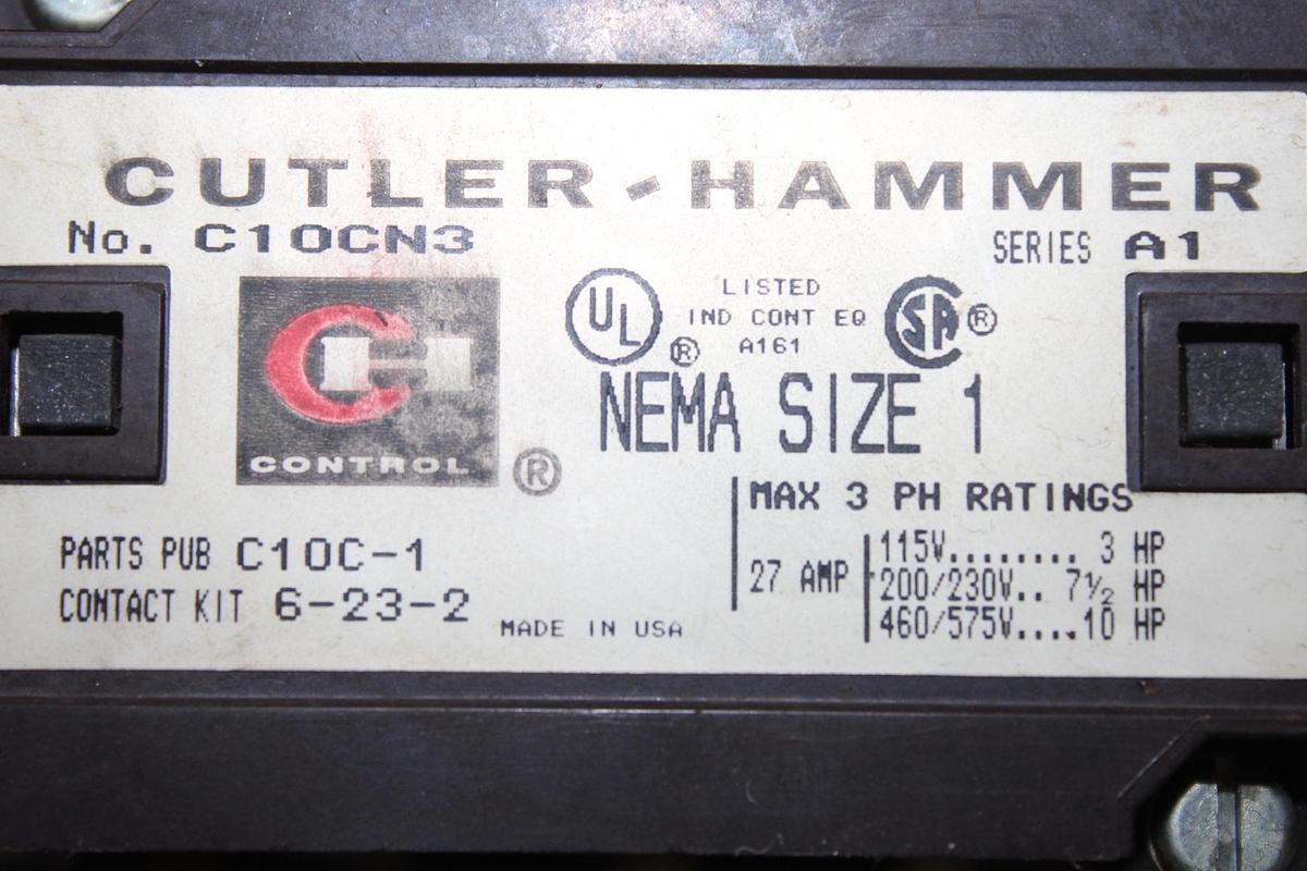Used CUTLER HAMMER NEMA CONTACTOR C10DN3 SIZE 2 3-PHASE