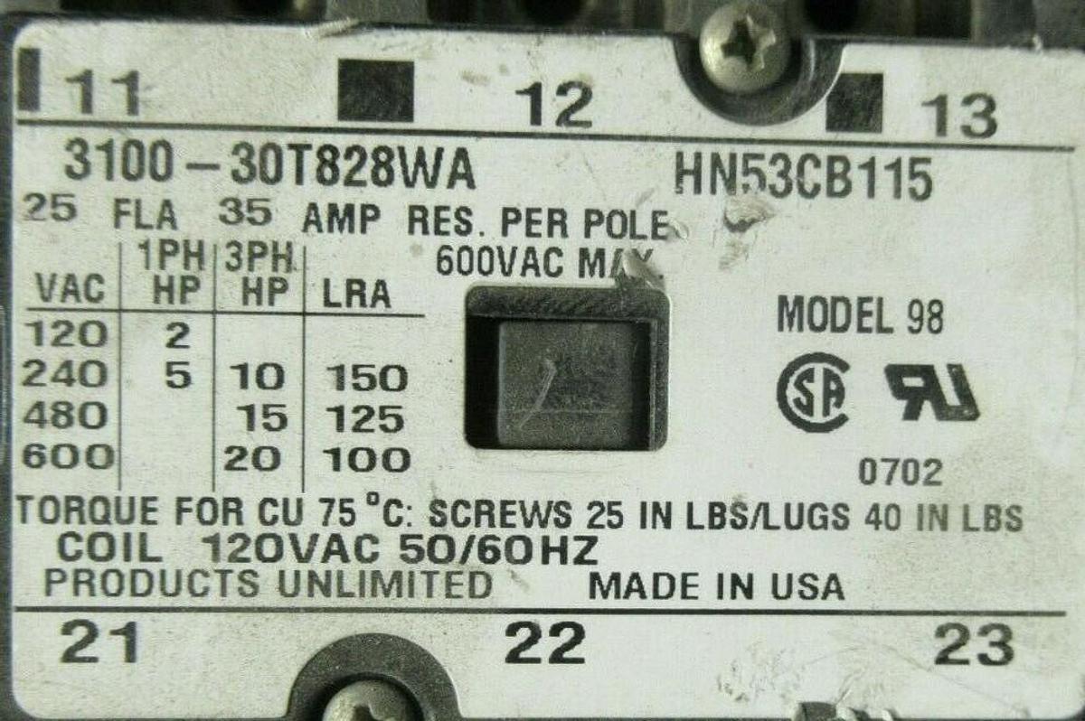 Used PRODUCTS UNLIMITED 3100-30T828WA  25 AMP 600 VAC 20 HP 35AMP/RES HN53CB115