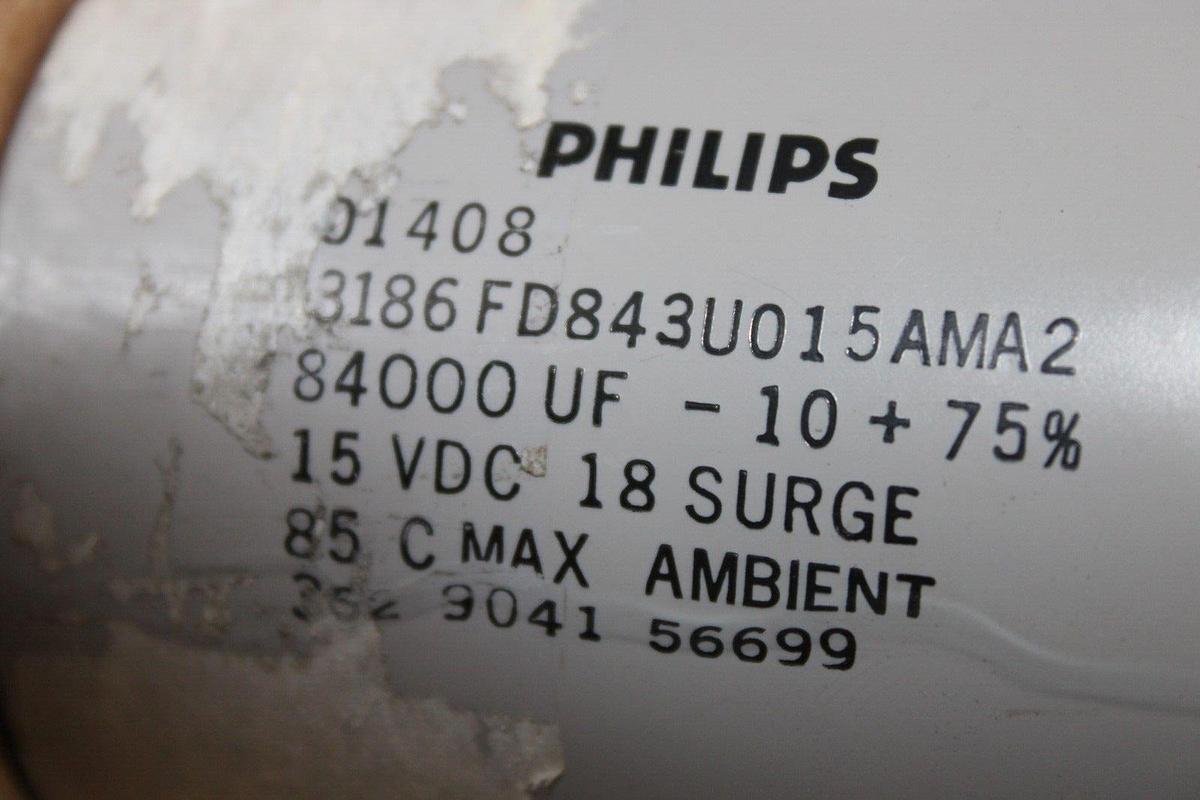 Used PHILIPS CAPACITOR 3186FD843U015AMA2 84000 uF -10% +75% 15 VDC 362-9041-56699