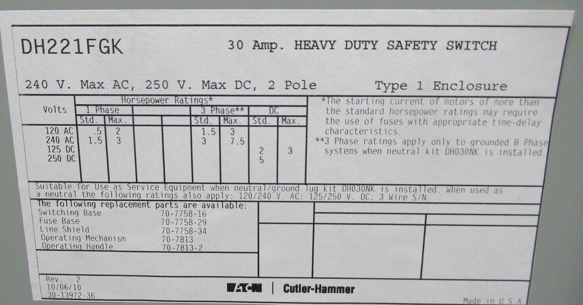 Used EATON HEAVY DUTY SAFETY DISCONNECT DH221FGK 240 VAC 30 AMP 7.5 HP 2-POLE