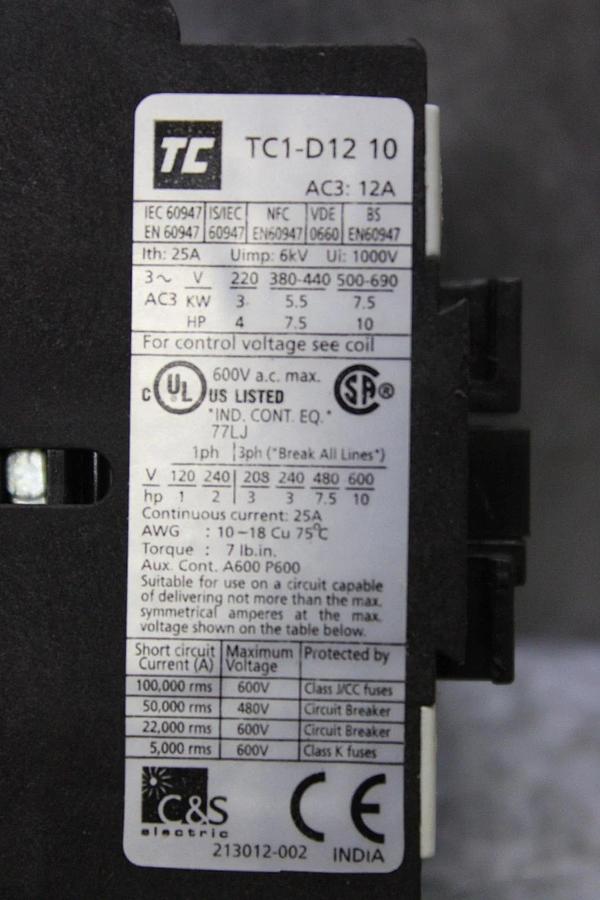 Used TC CONTACTOR TC1D1210 25 AMP 600 VAC 3-POLE 10 HP COIL: 120V **WARRANTY**