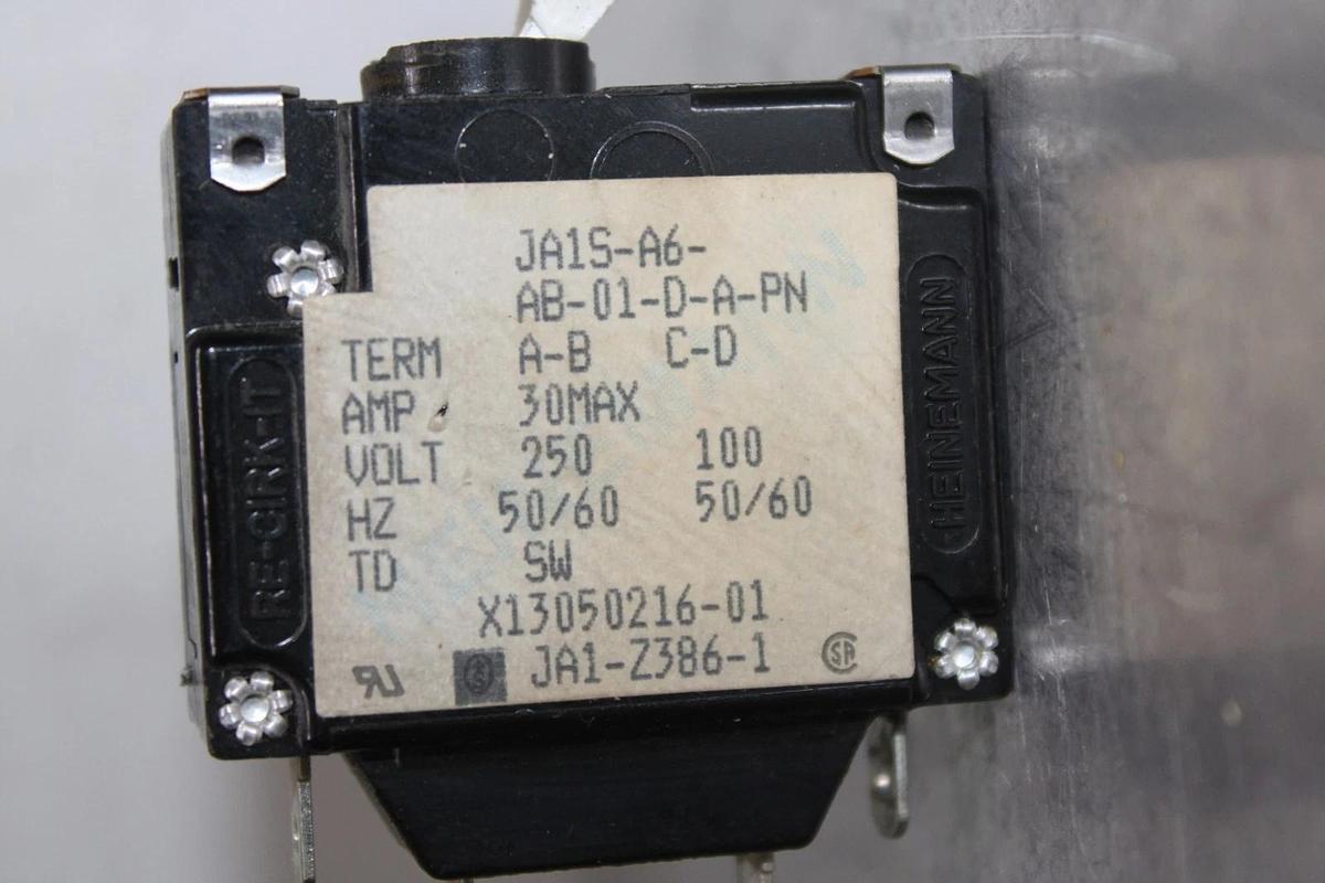 Used HEINEMANN CIRCUIT BREAKER JA1S-A6-AB-01-D-A-PN 30 AMP 250 VOLT 1-POLE