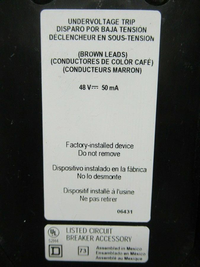 Used 450 AMP SQUARE D BREAKER 519568P15 600 VDC 3 POLE W/ AUXILIARY SWITCH & UVR