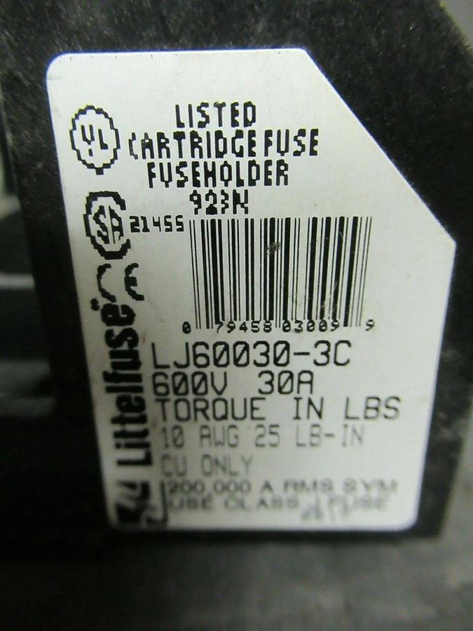 Used LITTELFUSE FUSE HOLDER LJ60030-3C FOR 30 AMP 600 V FUSES **WARRANTY**