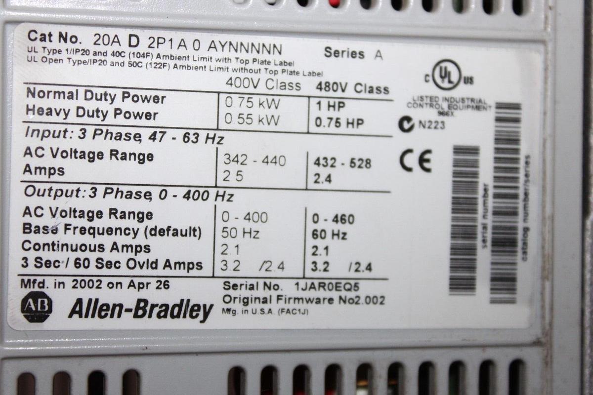 Used ALLEN BRADLEY POWERFLEX DRIVE 20A-D-2P1A-0-AYNNNNN SER. A 480 VAC 3-PHASE