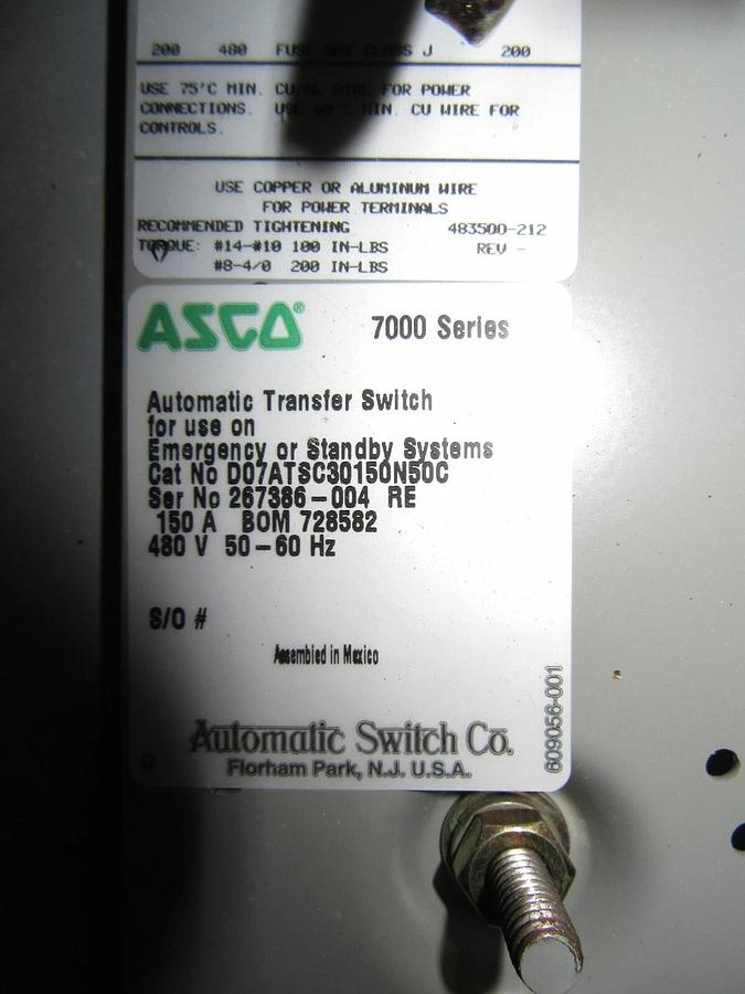 Used 150 AMP ASCO ATS AUTOMATIC TRANSFER SWITCH 480 VAC 3 PH D07ATSC30150N50C