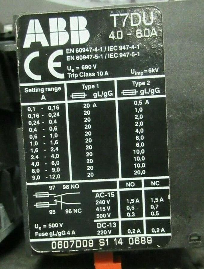 Used 16 AMP ABB STARTER B7-30-10 600 VAC 5 HP COIL: 24 VAC W/ T7DU OVERLOADS 4-6 AMP