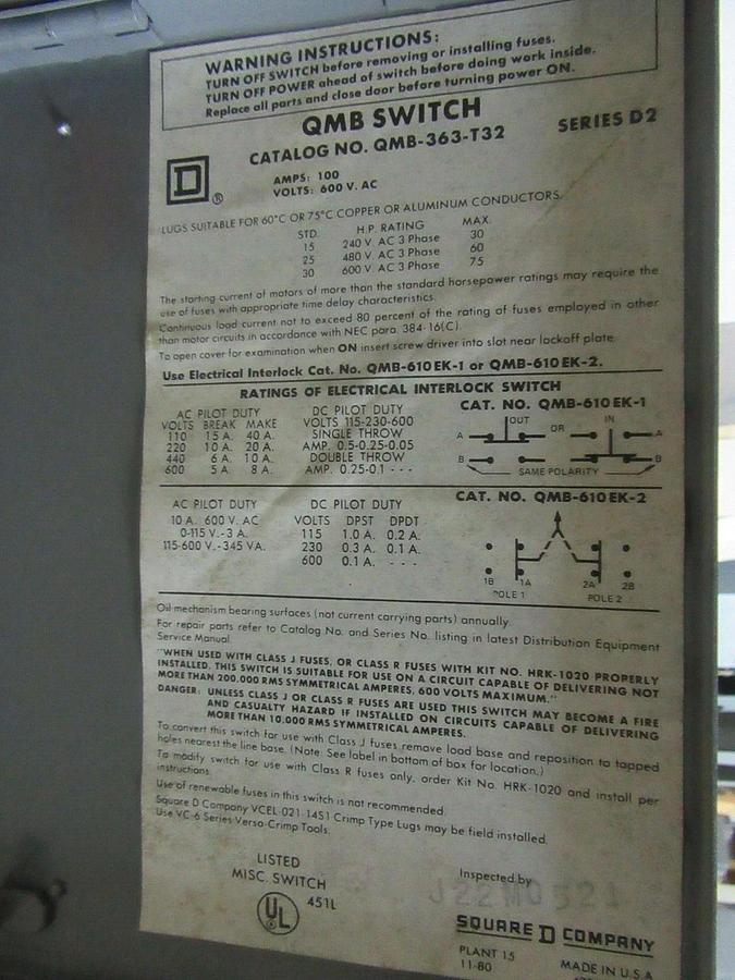 Used SQUARE D QMB TWIN PANELBOARD SWITCH QMB-363-T32 60 AMP 600 VOLT 15 HP