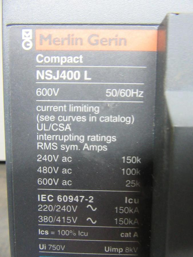 Used MERLIN GERIN COMPACT CIRCUIT BREAKER NSJ400L 160/400 AMP 600 VOLT 3-POLE 3-PHASE