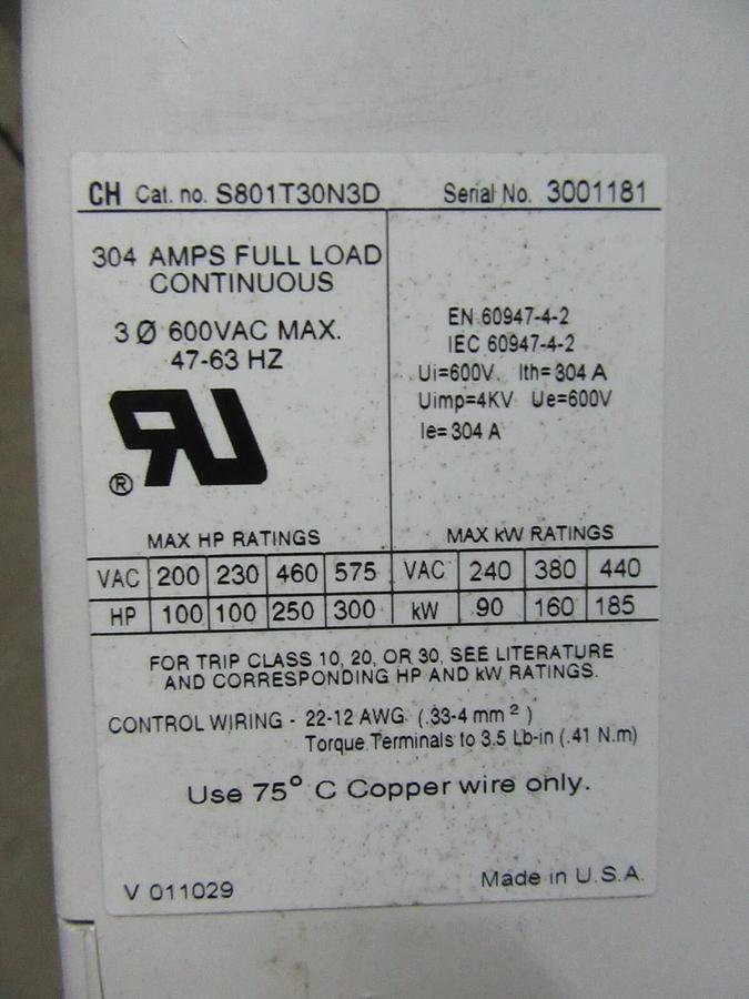 Used 304 AMP CONTINUOUS CUTLER HAMMER INSIDE THE DELTA - SOFT STARTER T801T30N3D