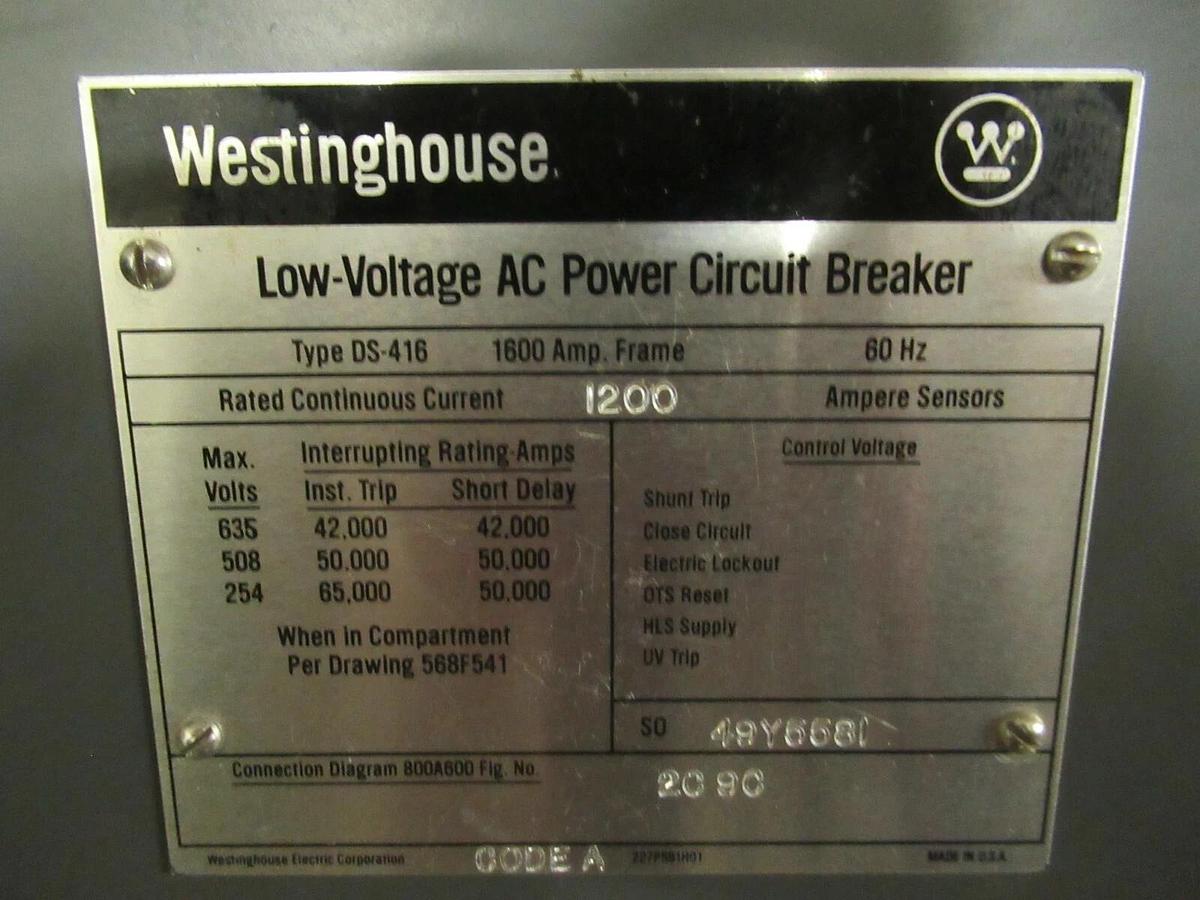 Used WESTINGHOUSE LOW VOLTAGE CIRCUIT BREAKER DS-416 1200A 635V W/ AMPTECTOR I