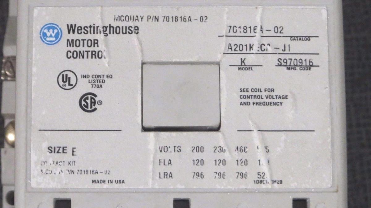 Used WESTINGHOUSE MOTOR CONTACTOR A201KECA-J1 SIZE E 120 AMP 600 VAC COIL: 120 V
