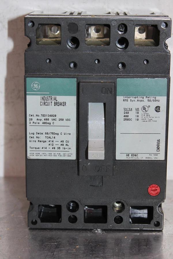 Used GENERAL ELECTRIC CIRCUIT BREAKER TED134020 20 AMP 480 VAC 3-POLE *WARRANTY*