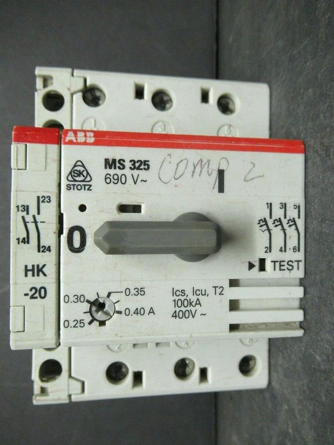Used ABB MANUAL MOTOR START MS325 0.25-0.40 AMP 480 VAC W/ AUXILIARY CONTACTS