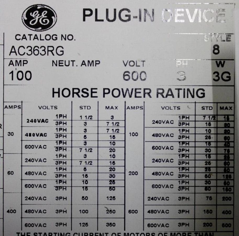 NEW SURPLUS GENERAL ELECTRIC BUS PLUG AC363RG 100 AMP 3-POLE 600 VAC 3-PHASE